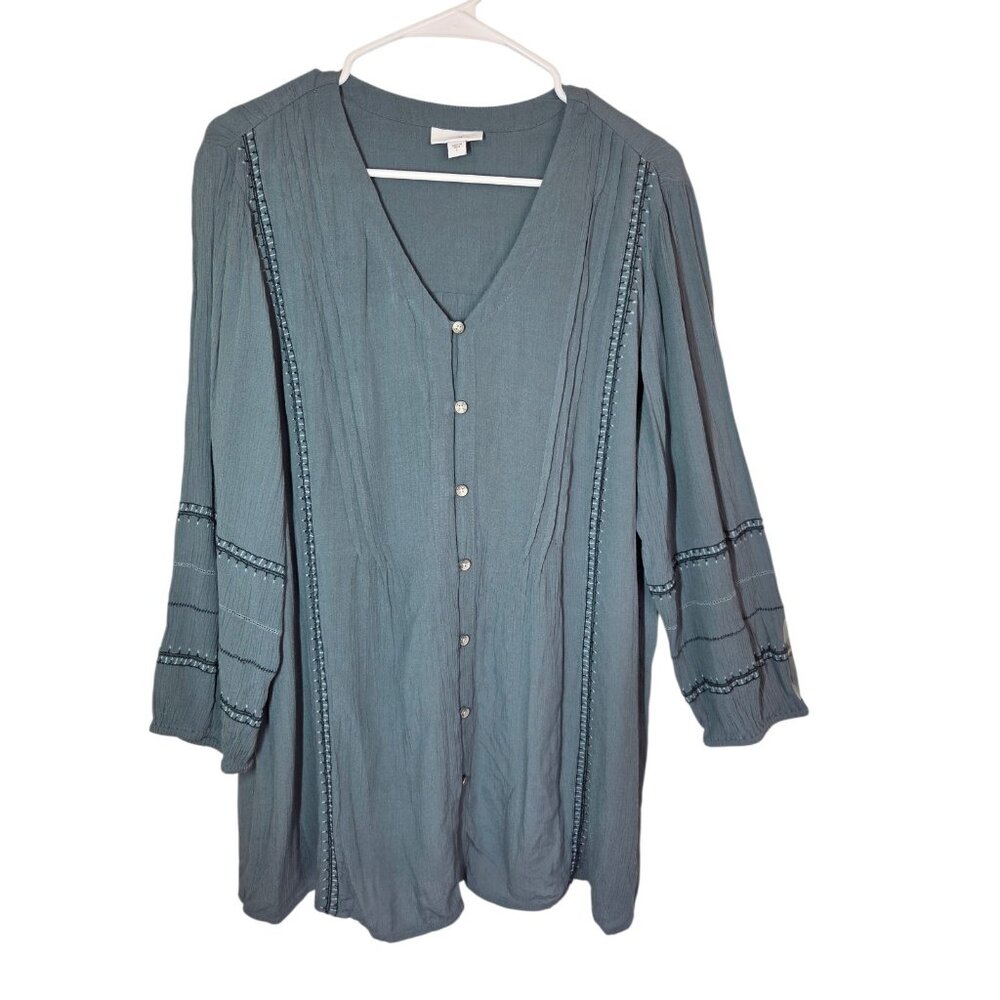 J Jill Green Gray‎ Button Up 3/4 Sleeve Embroidered Peasant Tunic Top L
